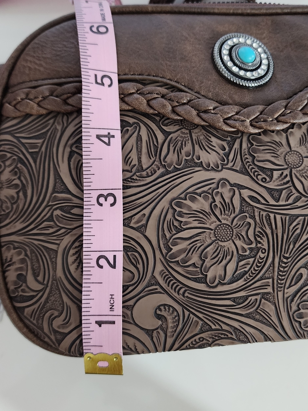 Western Style Embossed Brown Vegan Leather Crossbody Bag with Turquoise Accent - Picture 11 of 11